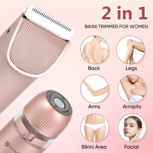 Afeitadora eléctrica 2 en 1 para mujer, recortadora de bikini de doble cabeza para mujer, IPX7, impermeable, uso húmedo y seco, recortadora de vello corporal y removedor de vello facial para bikini