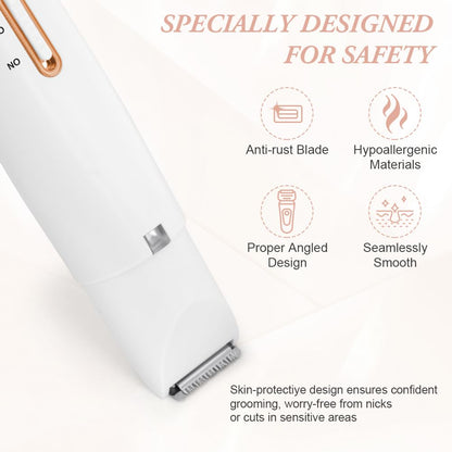 AOOWU Afeitadora Mujer, 4 en 1 Rasuradora Mujer Zona Intima, Recargable Kit Afeitadora Electrica, Portátil Afeitadora Electrica Mujer para Cuerpo, Zona del Bikini, Vello Facial, Nariz y Cejas, Blanco