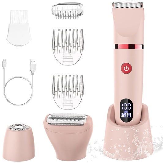 Scttomon afeitadora eléctrica para mujer cortapelos corporal para mujer recortadora para zona bikini Afeitado de piernas impermeable pantalla LCD seco/mojado 3 in 1 rosa