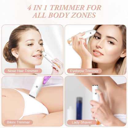AOOWU Afeitadora Mujer, 4 en 1 Rasuradora Mujer Zona Intima, Recargable Kit Afeitadora Electrica, Portátil Afeitadora Electrica Mujer para Cuerpo, Zona del Bikini, Vello Facial, Nariz y Cejas, Blanco
