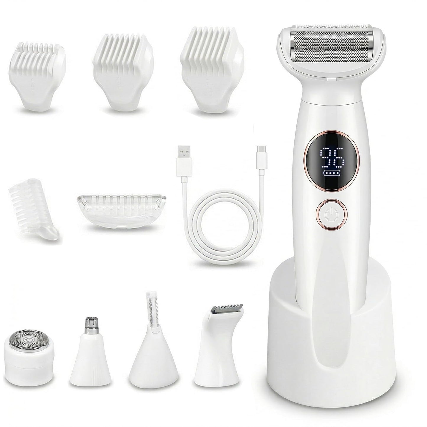 Carehabi 5 en 1 Afeitadora Eléctrica Mujer & Depiladora Zona Íntima - Rasuradora Femenina Impermeable IPX7 para Bikini, Cara, Cejas y Cuerpo - Máquina de Afeitar con Base de Carga USB (Lady Shaver)