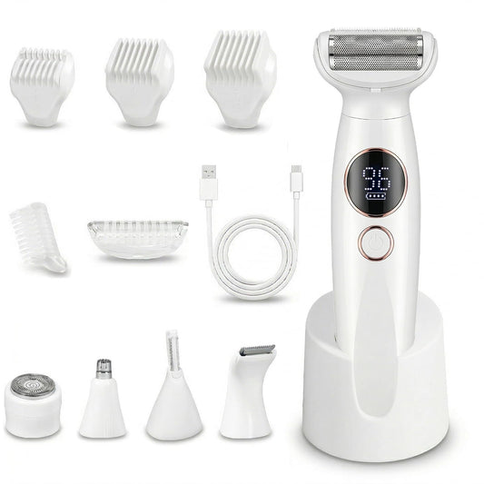 Carehabi 5 en 1 Afeitadora Eléctrica Mujer & Depiladora Zona Íntima - Rasuradora Femenina Impermeable IPX7 para Bikini, Cara, Cejas y Cuerpo - Máquina de Afeitar con Base de Carga USB (Lady Shaver)