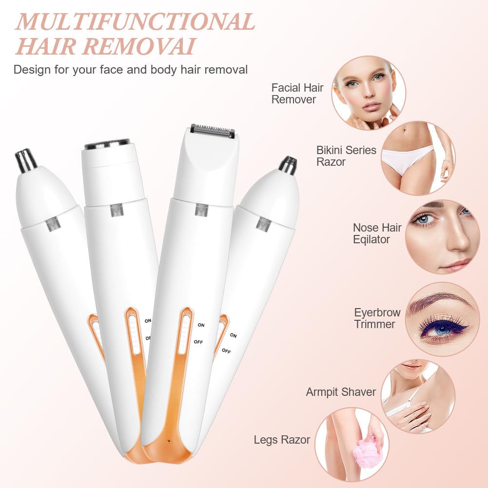 AOOWU Afeitadora Mujer, 4 en 1 Rasuradora Mujer Zona Intima, Recargable Kit Afeitadora Electrica, Portátil Afeitadora Electrica Mujer para Cuerpo, Zona del Bikini, Vello Facial, Nariz y Cejas, Blanco