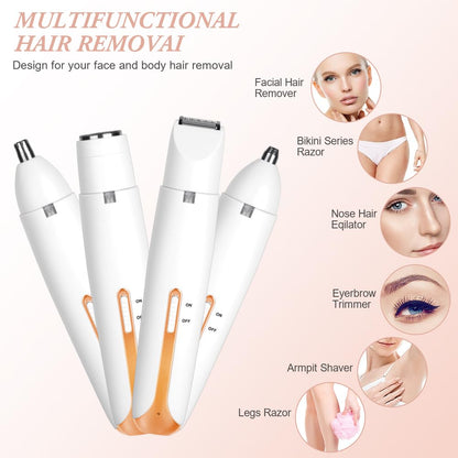 AOOWU Afeitadora Mujer, 4 en 1 Rasuradora Mujer Zona Intima, Recargable Kit Afeitadora Electrica, Portátil Afeitadora Electrica Mujer para Cuerpo, Zona del Bikini, Vello Facial, Nariz y Cejas, Blanco