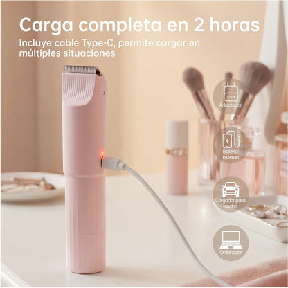Afeitadora Eléctrica para Mujer, Recortadora 3 en 1 para Rostro y Zonas Íntimas, para Piernas, Brazos, Axilas y Línea del Bikini, Recargable por USB, Apta para Pieles Sensibles (Rosa)
