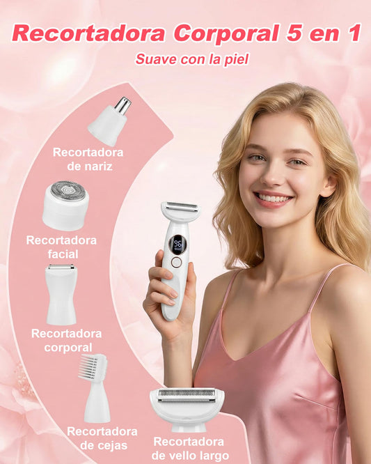 Carehabi 5 en 1 Afeitadora Eléctrica Mujer & Depiladora Zona Íntima - Rasuradora Femenina Impermeable IPX7 para Bikini, Cara, Cejas y Cuerpo - Máquina de Afeitar con Base de Carga USB (Lady Shaver)